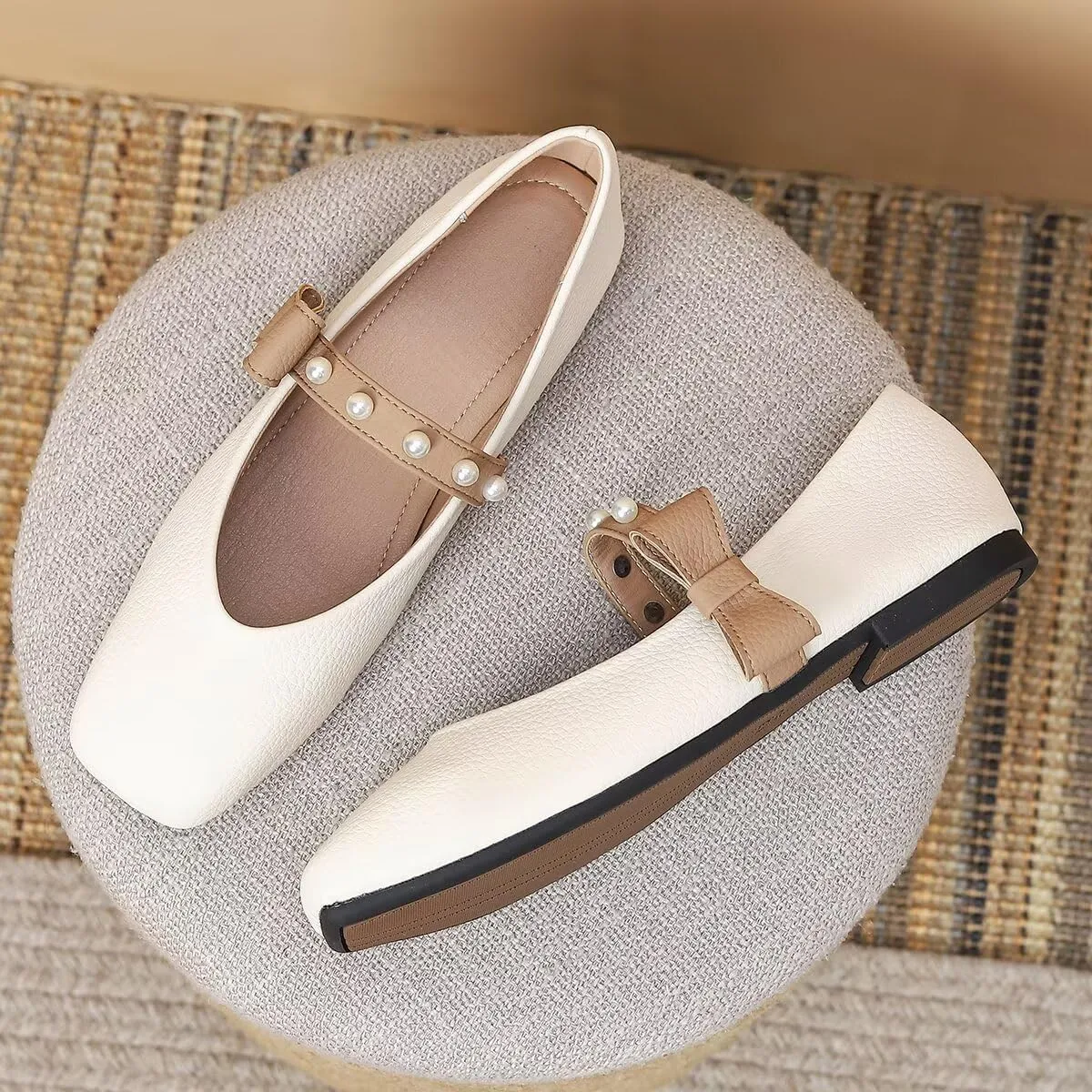 LUXINYU Women Mary Jane Flats Comfortable Square Toe Fashion Pearl Bownot Strap Slip on Low Heel Ballet Flats Dress Office Party Casual Shoes