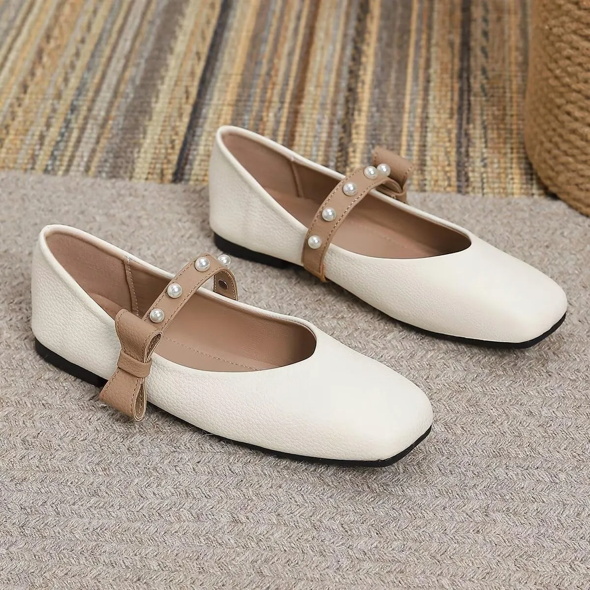 LUXINYU Women Mary Jane Flats Comfortable Square Toe Fashion Pearl Bownot Strap Slip on Low Heel Ballet Flats Dress Office Party Casual Shoes