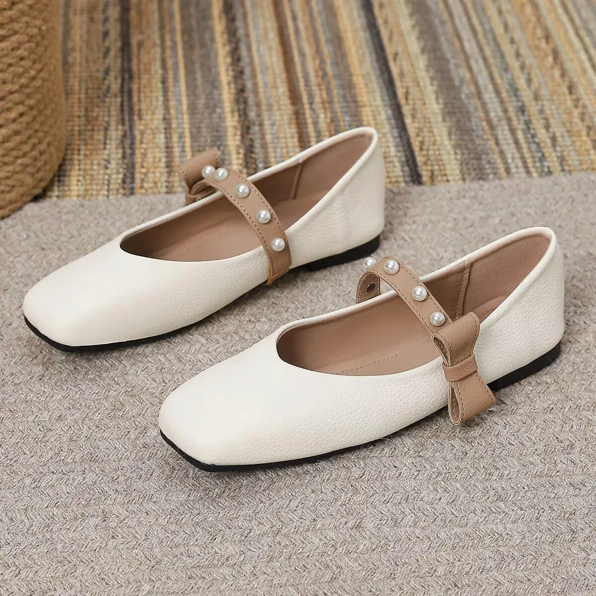 LUXINYU Women Mary Jane Flats Comfortable Square Toe Fashion Pearl Bownot Strap Slip on Low Heel Ballet Flats Dress Office Party Casual Shoes