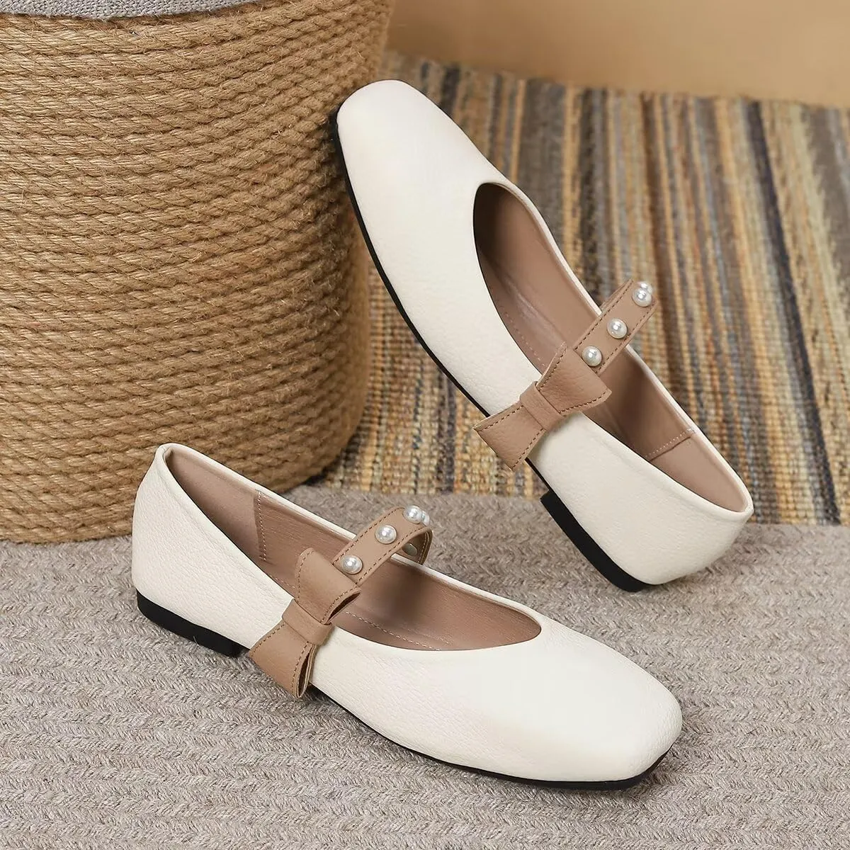 LUXINYU Women Mary Jane Flats Comfortable Square Toe Fashion Pearl Bownot Strap Slip on Low Heel Ballet Flats Dress Office Party Casual Shoes
