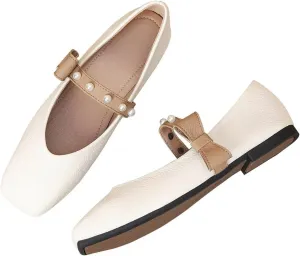 LUXINYU Women Mary Jane Flats Comfortable Square Toe Fashion Pearl Bownot Strap Slip on Low Heel Ballet Flats Dress Office Party Casual Shoes