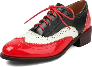 LUXMAX Women Lace Up Oxford Shoes Flats Wingtip Brogues Shoes Low Chunky Heel Vintage Saddle Shoes