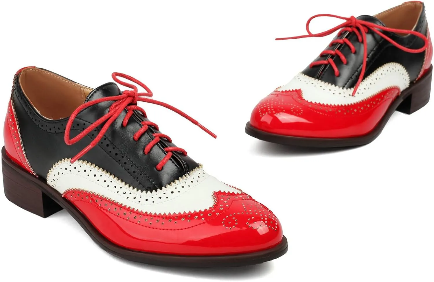 LUXMAX Women Lace Up Oxford Shoes Flats Wingtip Brogues Shoes Low Chunky Heel Vintage Saddle Shoes