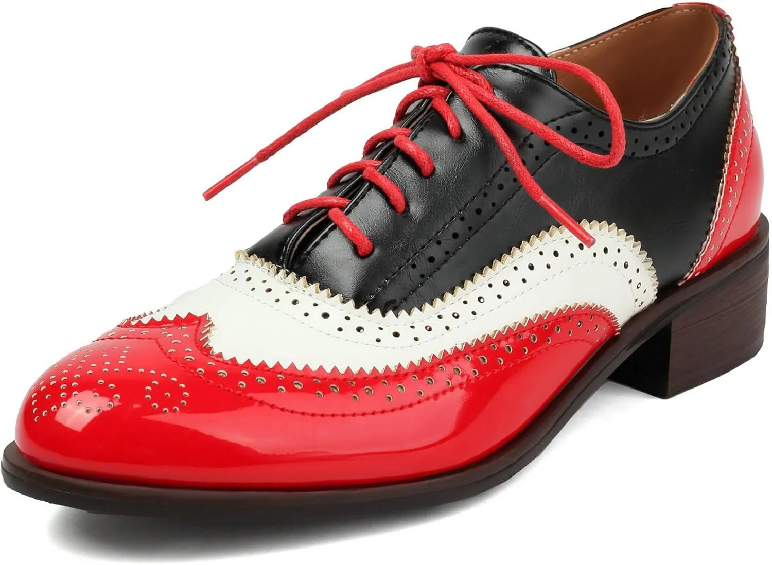 LUXMAX Women Lace Up Oxford Shoes Flats Wingtip Brogues Shoes Low Chunky Heel Vintage Saddle Shoes