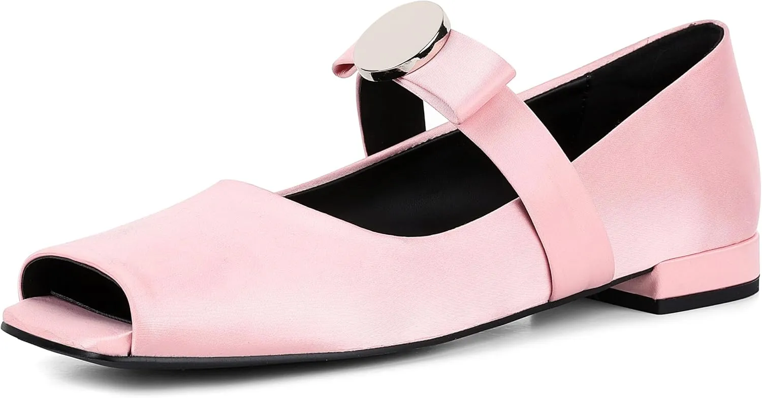 Lyrisiphy Ballet Flats Shoes for Women Mary Jane Flats Open Square Toe Buckle Strap Bow Medal Flats Ballerina Shoes Party Casual Formal Flats Black Flats