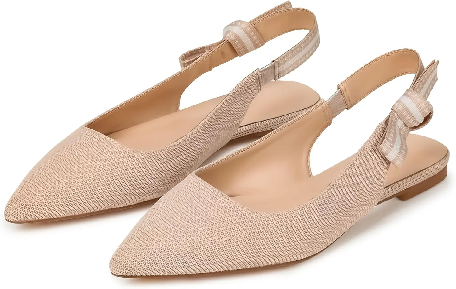 Mattiventon Slingback Flats for Women Slip On Ballet Flats Shoes Comfortable Pointed Toe Knit Flats with Bow Casual Work Office Shoes for 2025 Apricot