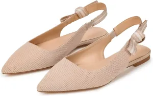 Mattiventon Slingback Flats for Women Slip On Ballet Flats Shoes Comfortable Pointed Toe Knit Flats with Bow Casual Work Office Shoes for 2025 Apricot