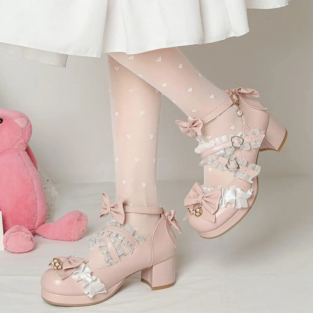 Meefit Women Cute Mary Janes Lolita Shoes Bow Chunky Heel Platform Strappy Pumps