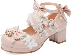 Meefit Women Cute Mary Janes Lolita Shoes Bow Chunky Heel Platform Strappy Pumps