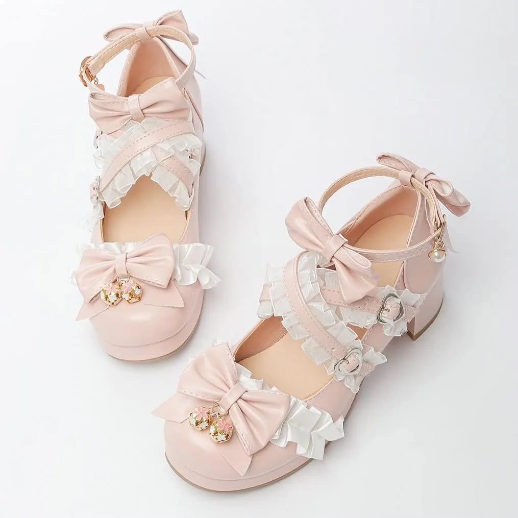 Meefit Women Cute Mary Janes Lolita Shoes Bow Chunky Heel Platform Strappy Pumps