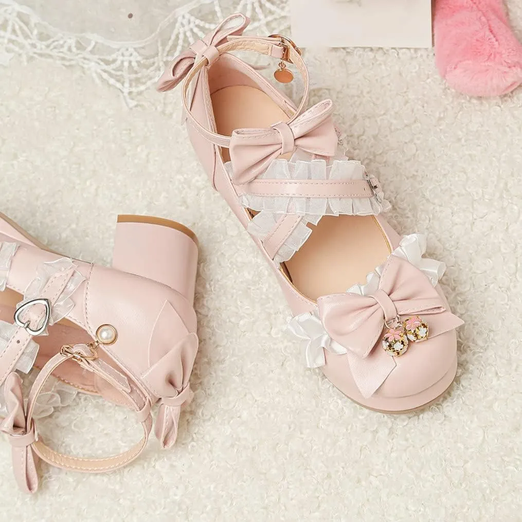 Meefit Women Cute Mary Janes Lolita Shoes Bow Chunky Heel Platform Strappy Pumps
