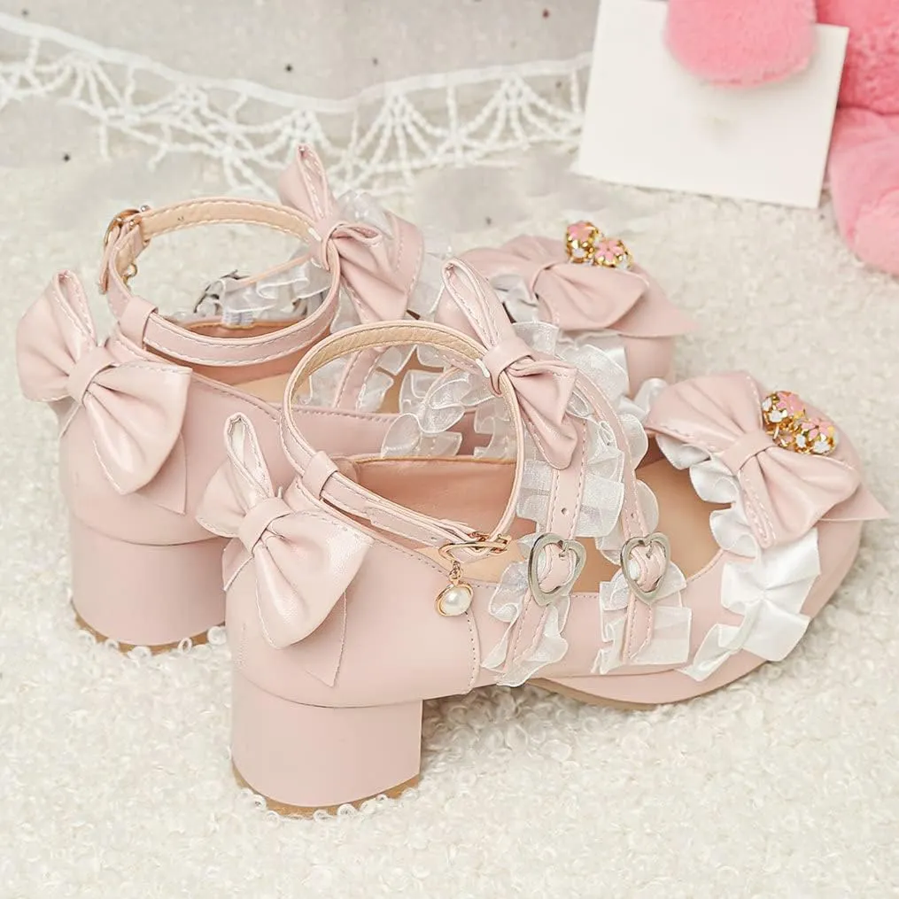 Meefit Women Cute Mary Janes Lolita Shoes Bow Chunky Heel Platform Strappy Pumps