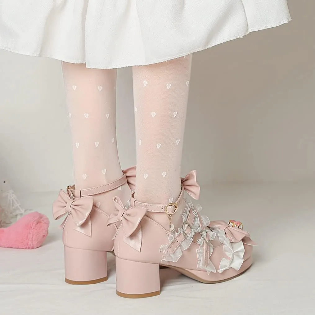 Meefit Women Cute Mary Janes Lolita Shoes Bow Chunky Heel Platform Strappy Pumps