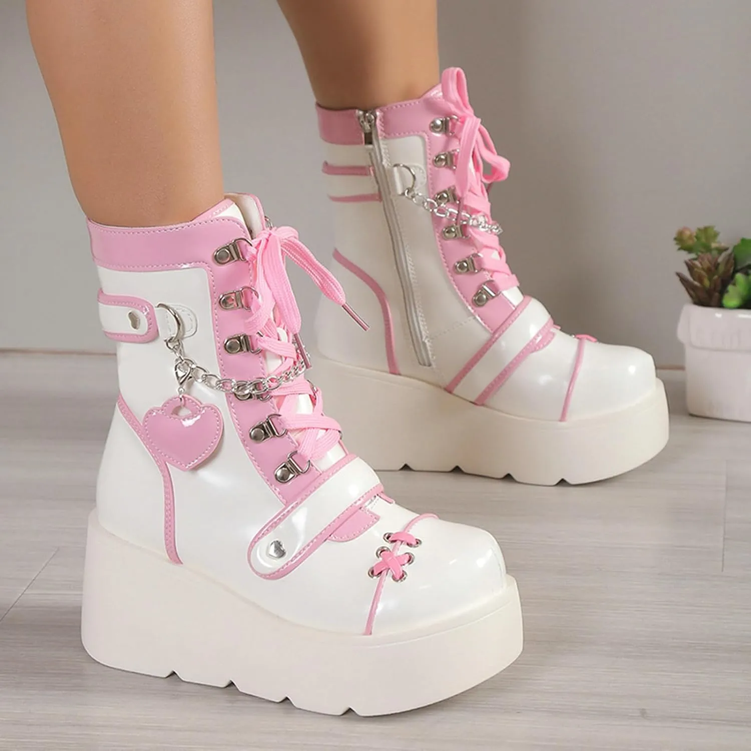 Meefit Women Goth Platform Boots Lolita Kawaii Shoes Wedge High Heel Lace Up Mid Calf Boots Vintage Ankle Boots