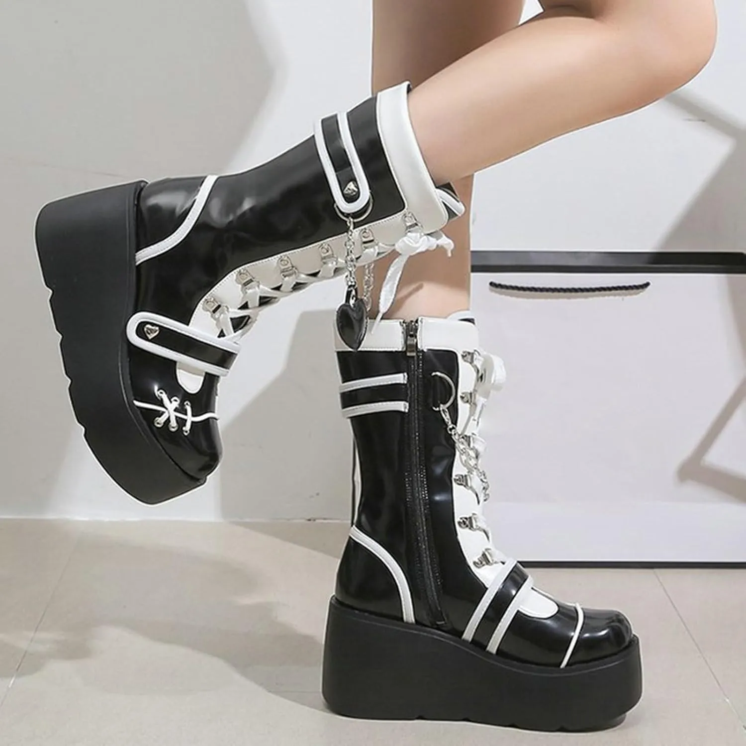 Meefit Women Goth Platform Boots Lolita Kawaii Shoes Wedge High Heel Lace Up Mid Calf Boots Vintage Ankle Boots