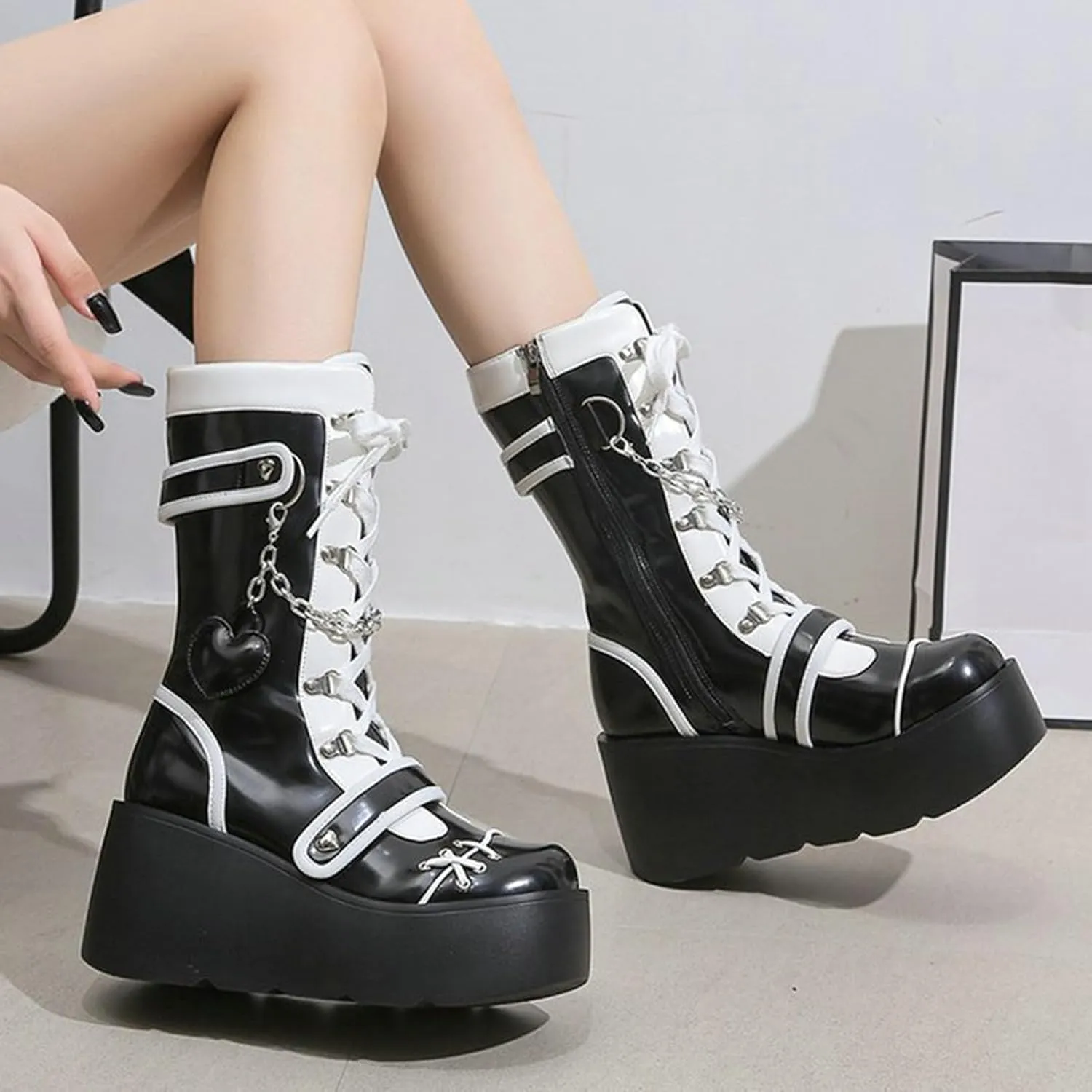 Meefit Women Goth Platform Boots Lolita Kawaii Shoes Wedge High Heel Lace Up Mid Calf Boots Vintage Ankle Boots