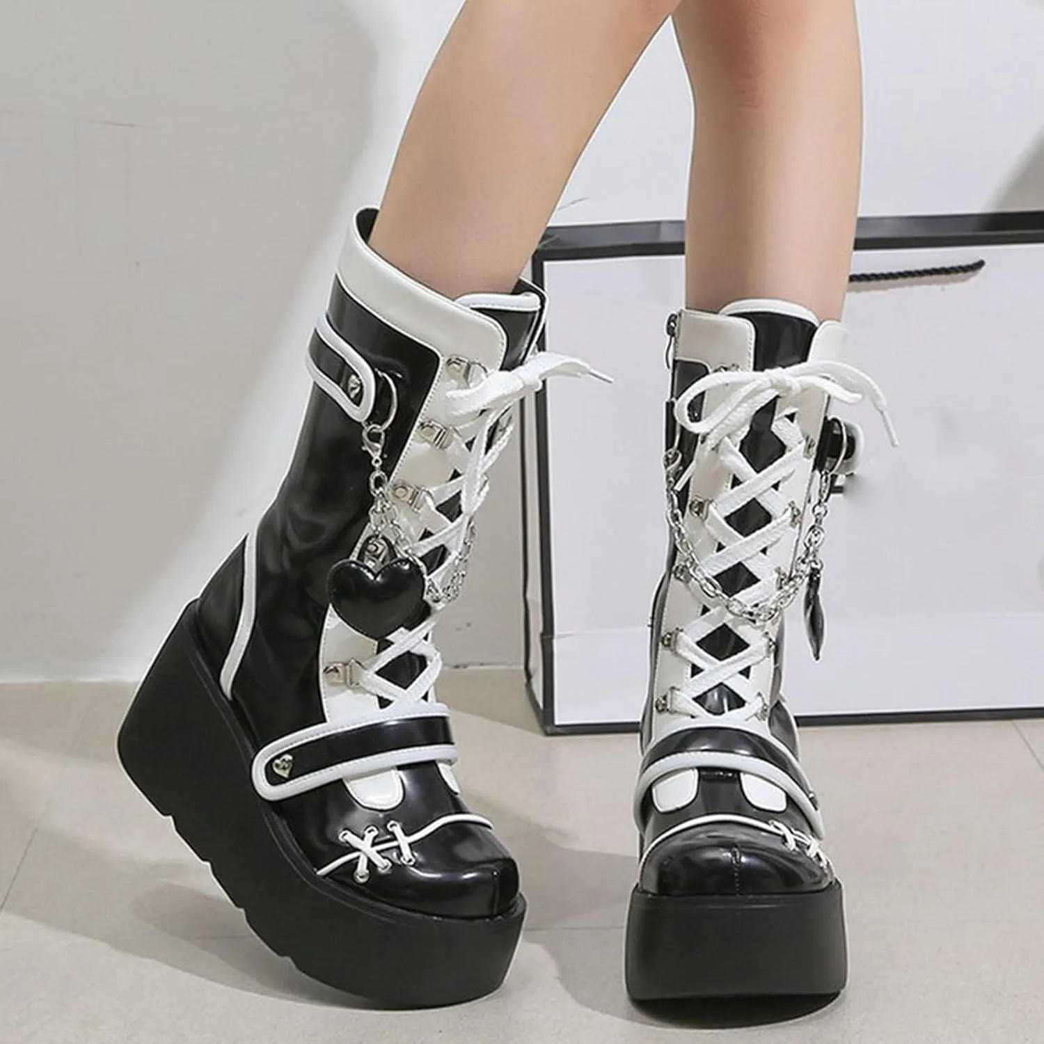 Meefit Women Goth Platform Boots Lolita Kawaii Shoes Wedge High Heel Lace Up Mid Calf Boots Vintage Ankle Boots