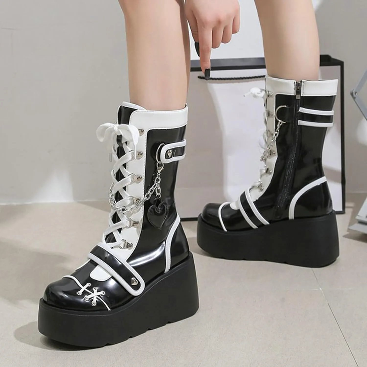Meefit Women Goth Platform Boots Lolita Kawaii Shoes Wedge High Heel Lace Up Mid Calf Boots Vintage Ankle Boots