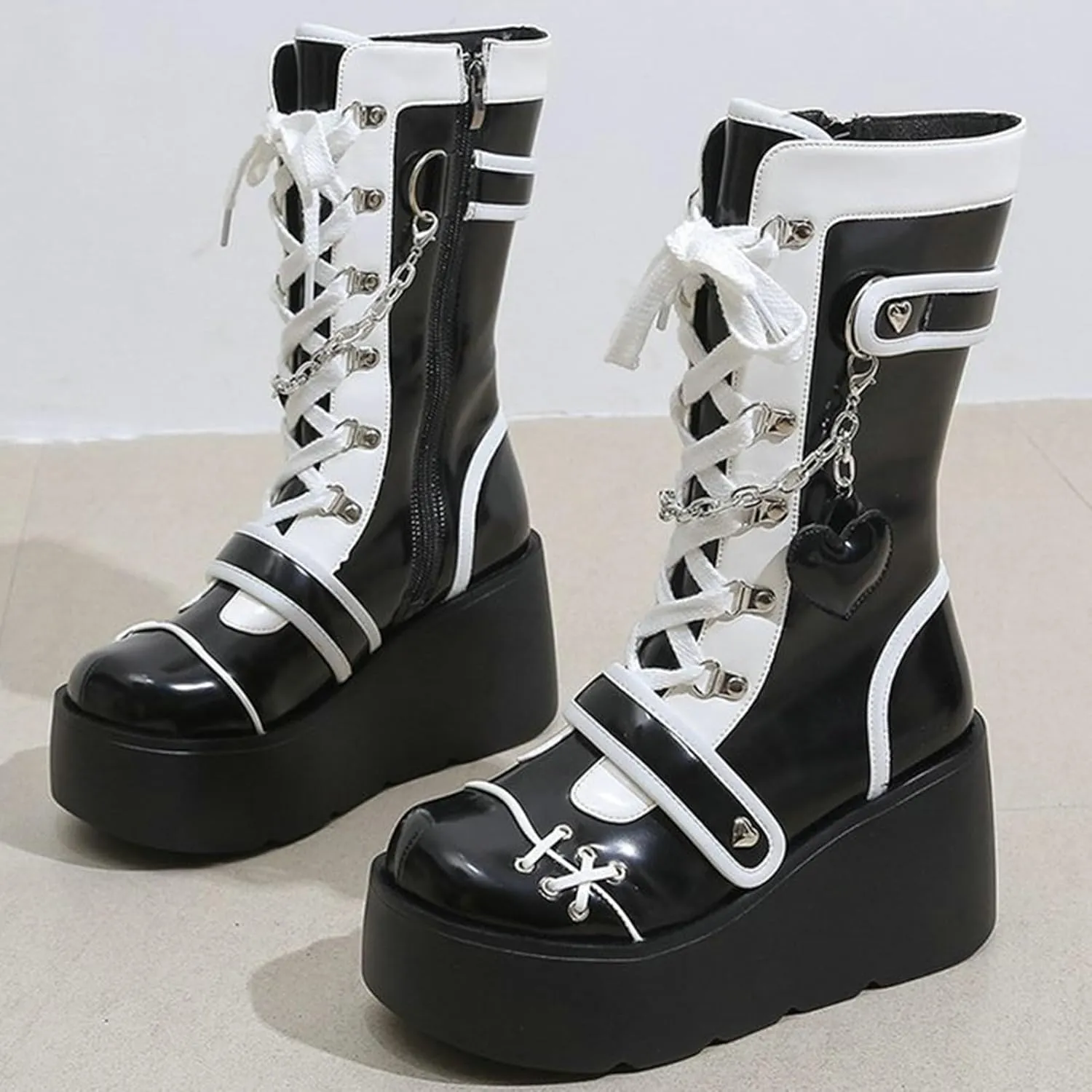 Meefit Women Goth Platform Boots Lolita Kawaii Shoes Wedge High Heel Lace Up Mid Calf Boots Vintage Ankle Boots
