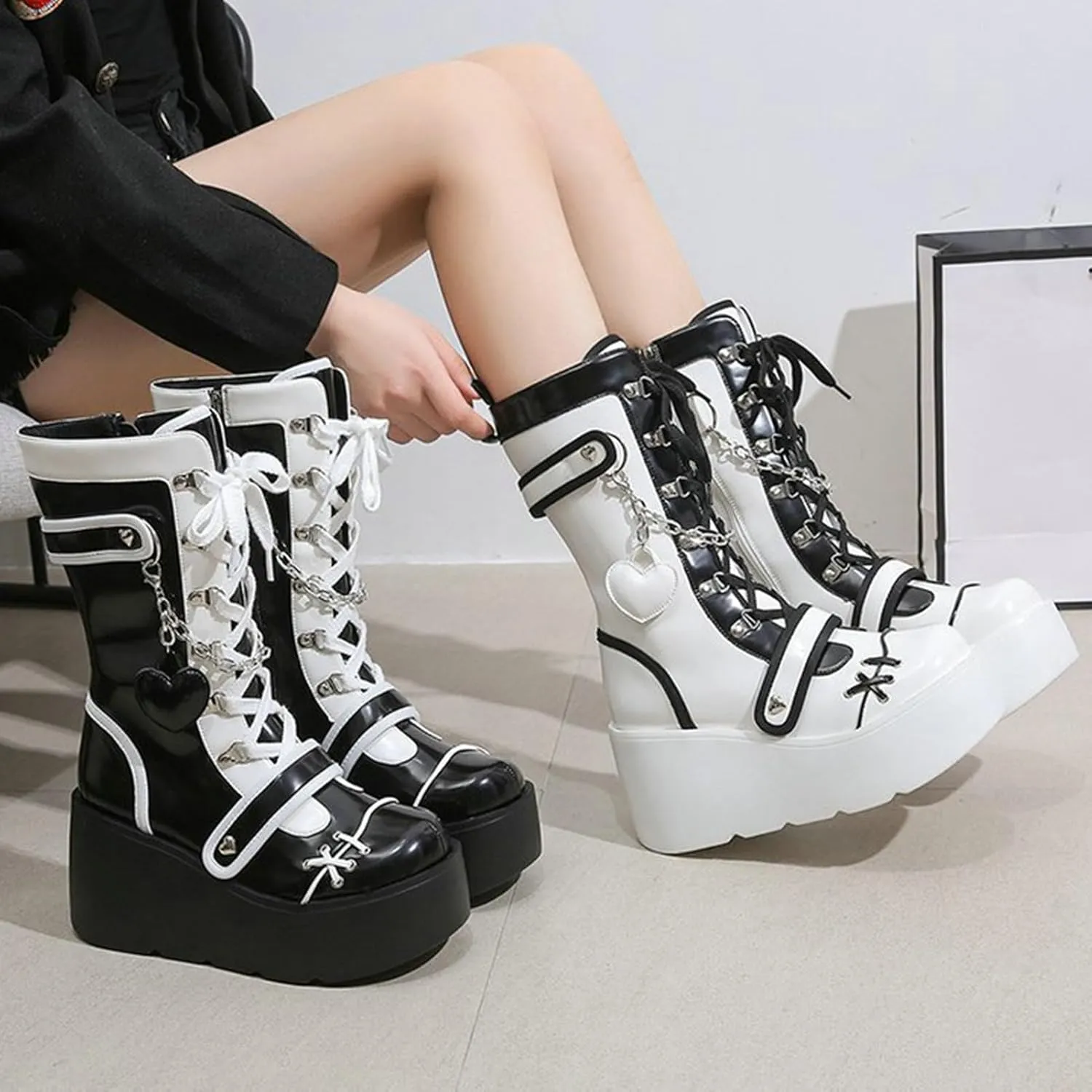 Meefit Women Goth Platform Boots Lolita Kawaii Shoes Wedge High Heel Lace Up Mid Calf Boots Vintage Ankle Boots