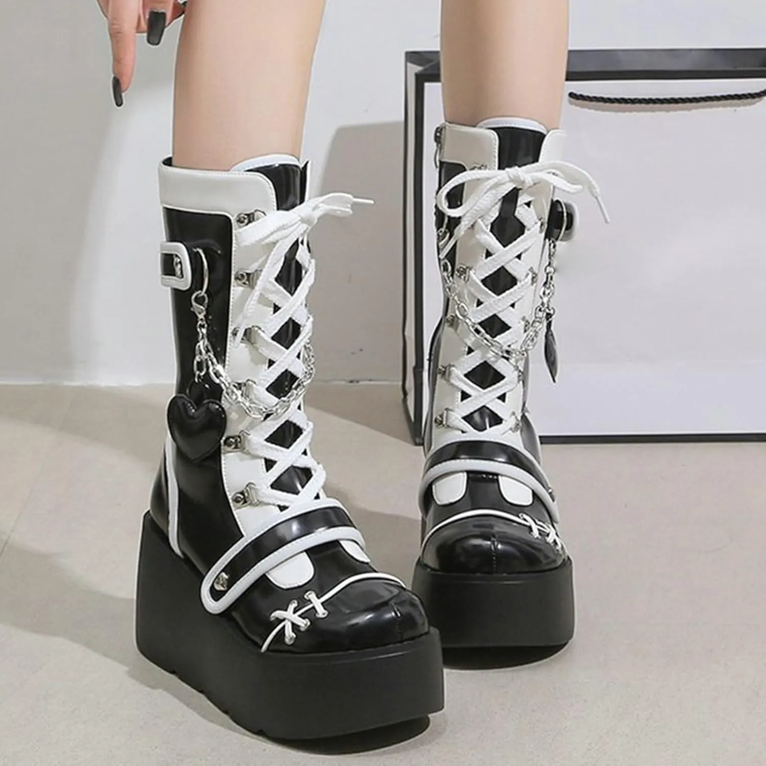 Meefit Women Goth Platform Boots Lolita Kawaii Shoes Wedge High Heel Lace Up Mid Calf Boots Vintage Ankle Boots