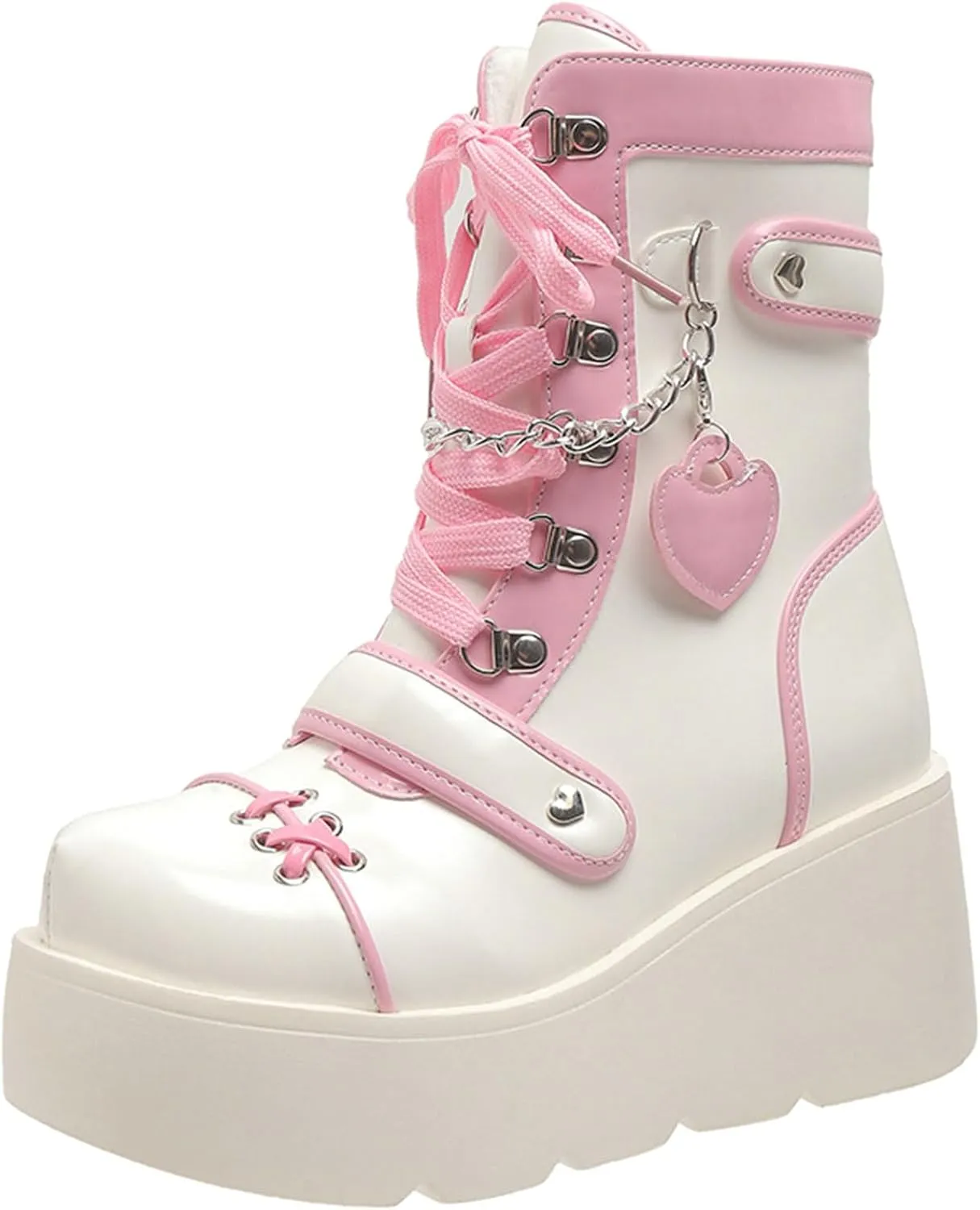 Meefit Women Goth Platform Boots Lolita Kawaii Shoes Wedge High Heel Lace Up Mid Calf Boots Vintage Ankle Boots