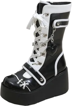 Meefit Women Goth Platform Boots Lolita Kawaii Shoes Wedge High Heel Lace Up Mid Calf Boots Vintage Ankle Boots