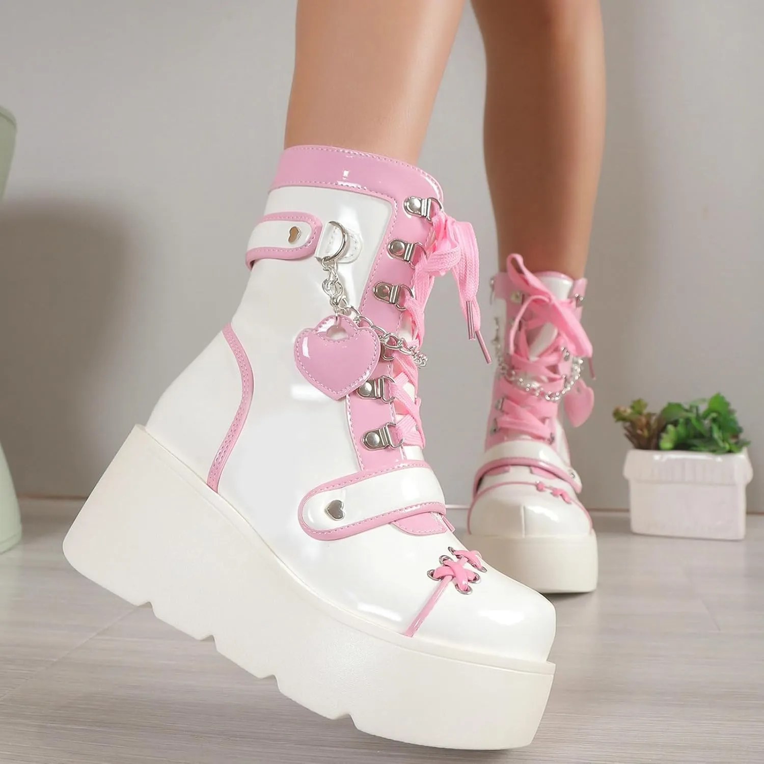 Meefit Women Goth Platform Boots Lolita Kawaii Shoes Wedge High Heel Lace Up Mid Calf Boots Vintage Ankle Boots