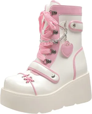 Meefit Women Goth Platform Boots Lolita Kawaii Shoes Wedge High Heel Lace Up Mid Calf Boots Vintage Ankle Boots