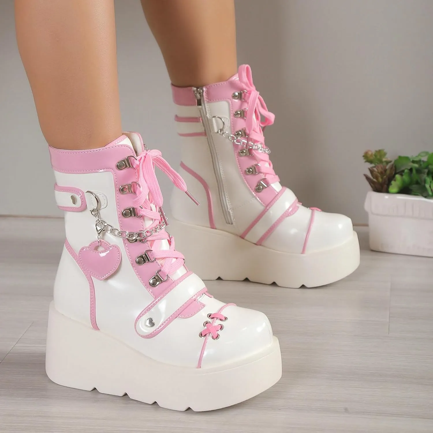 Meefit Women Goth Platform Boots Lolita Kawaii Shoes Wedge High Heel Lace Up Mid Calf Boots Vintage Ankle Boots