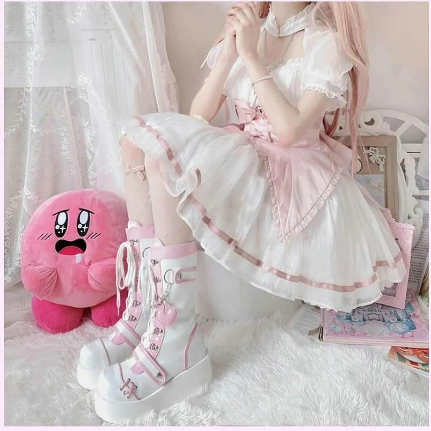 Meefit Women Goth Platform Boots Lolita Kawaii Shoes Wedge High Heel Lace Up Mid Calf Boots Vintage Ankle Boots