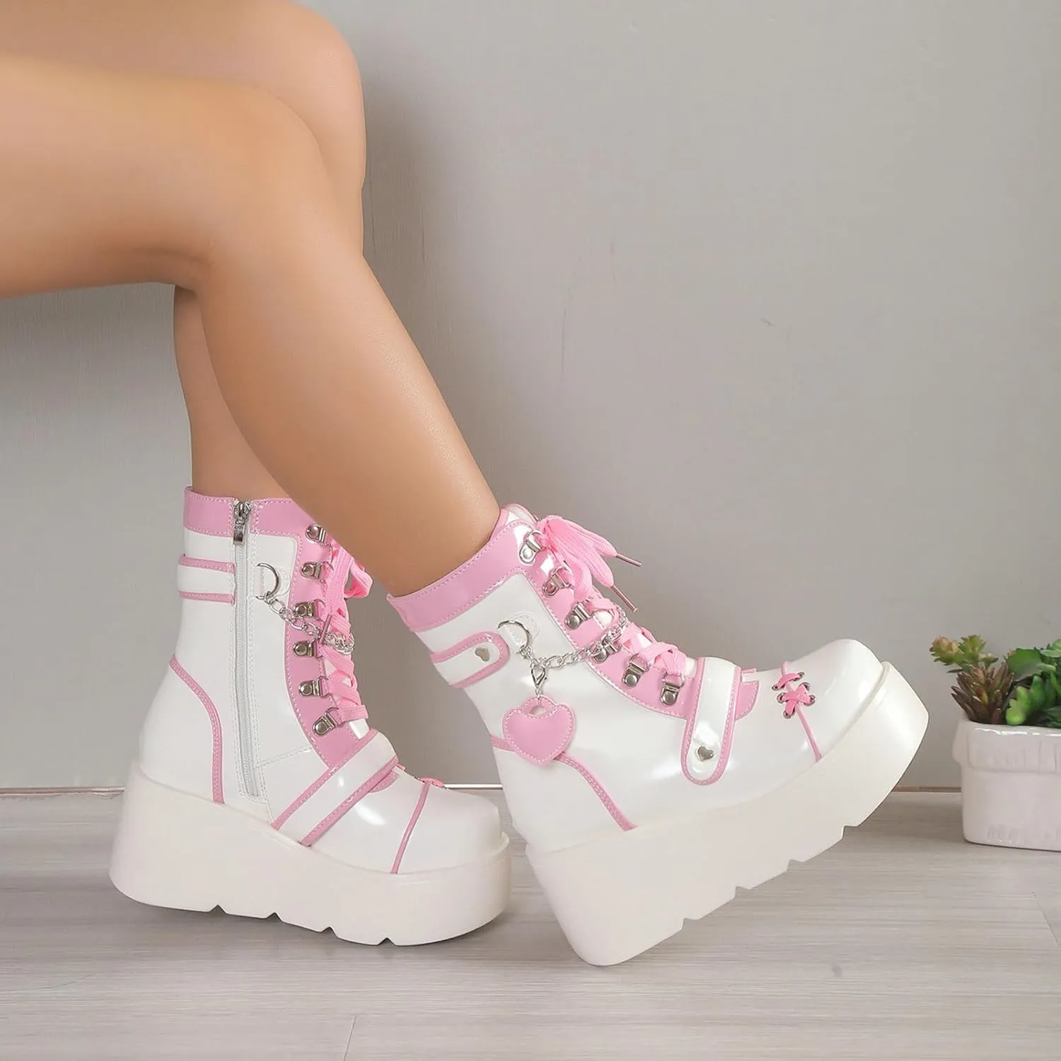 Meefit Women Goth Platform Boots Lolita Kawaii Shoes Wedge High Heel Lace Up Mid Calf Boots Vintage Ankle Boots
