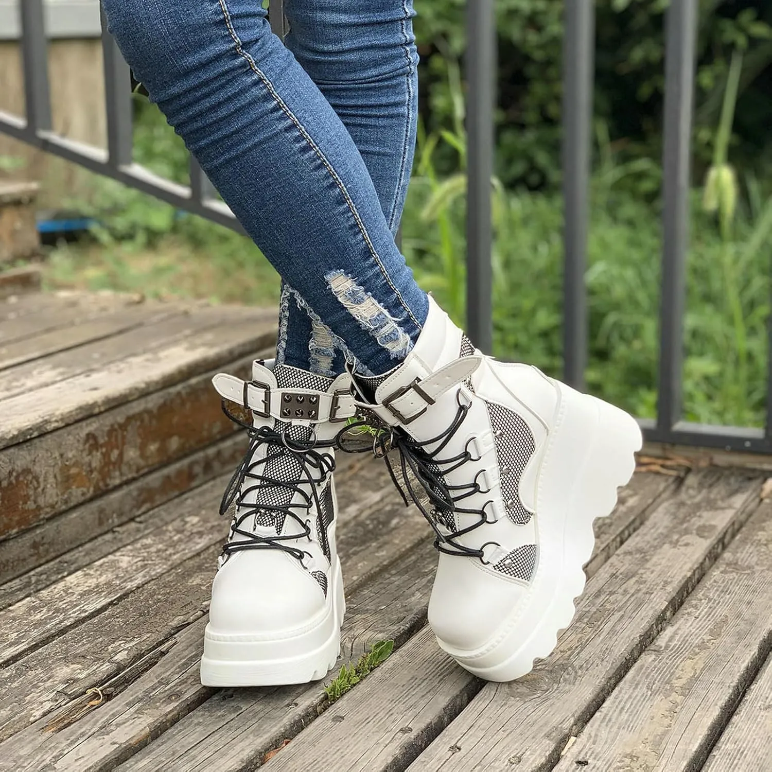 Meefit Women Goth platform Boots Wedge High Heel Lace Up Ankle Boots Round Toe Combat Booties Motorcycle Boot
