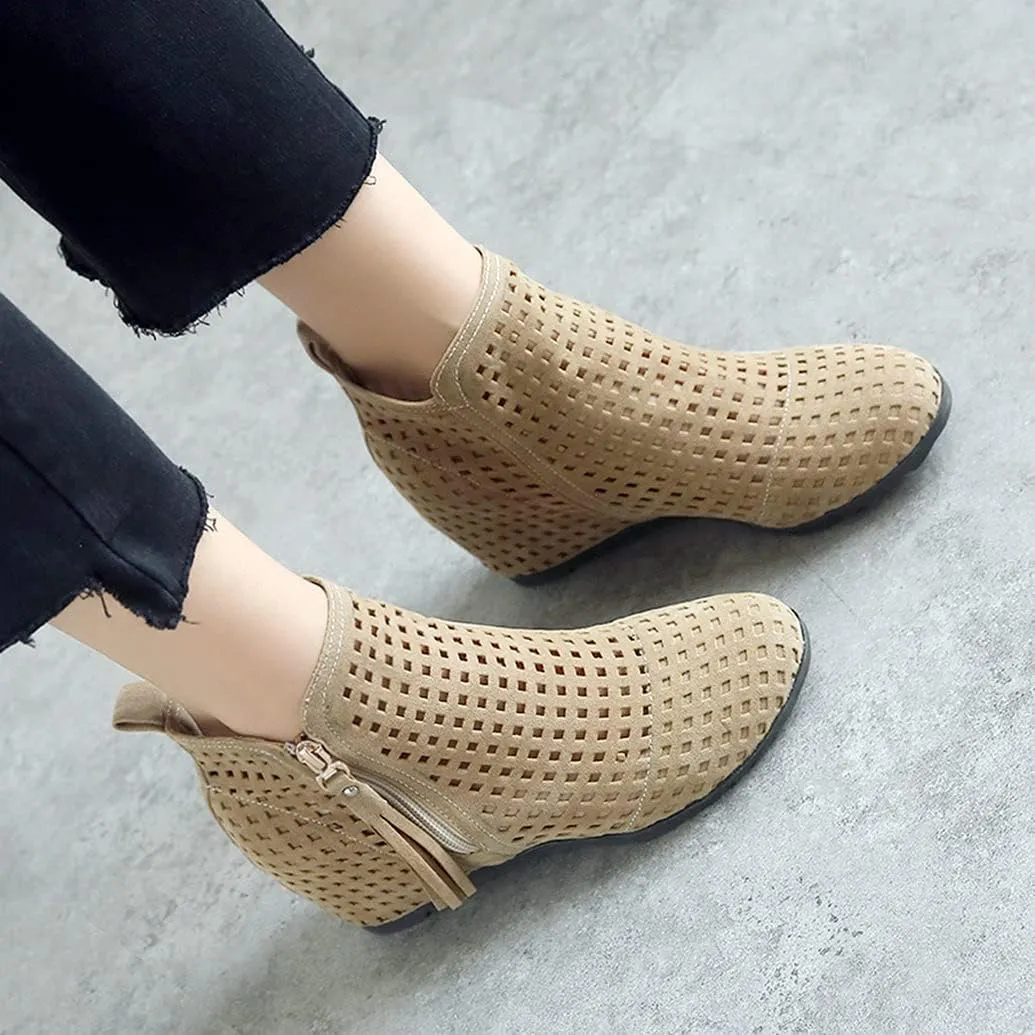 Meefit Women Perforated Boots High Heels Cutout Ankle Boots Summer Wedge Booties