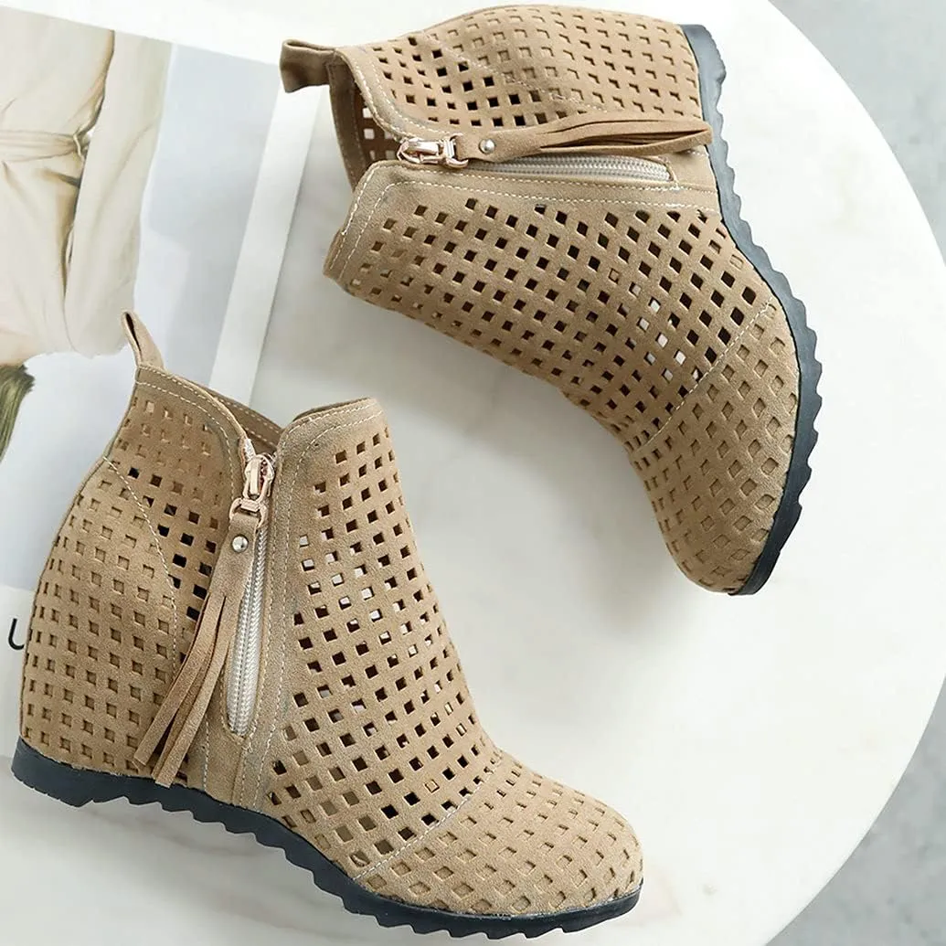 Meefit Women Perforated Boots High Heels Cutout Ankle Boots Summer Wedge Booties