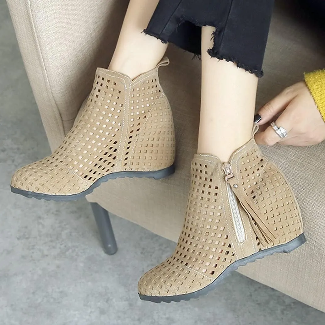 Meefit Women Perforated Boots High Heels Cutout Ankle Boots Summer Wedge Booties
