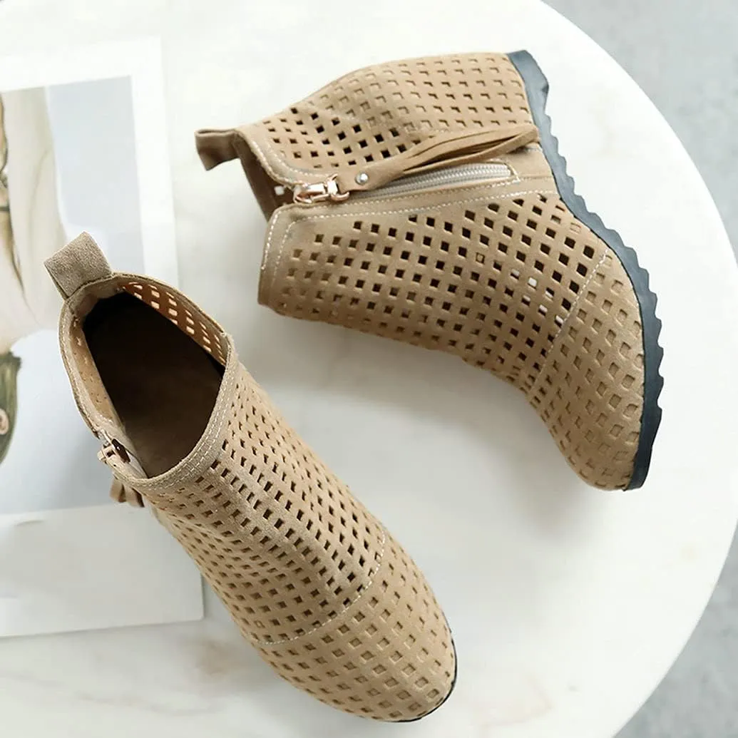 Meefit Women Perforated Boots High Heels Cutout Ankle Boots Summer Wedge Booties