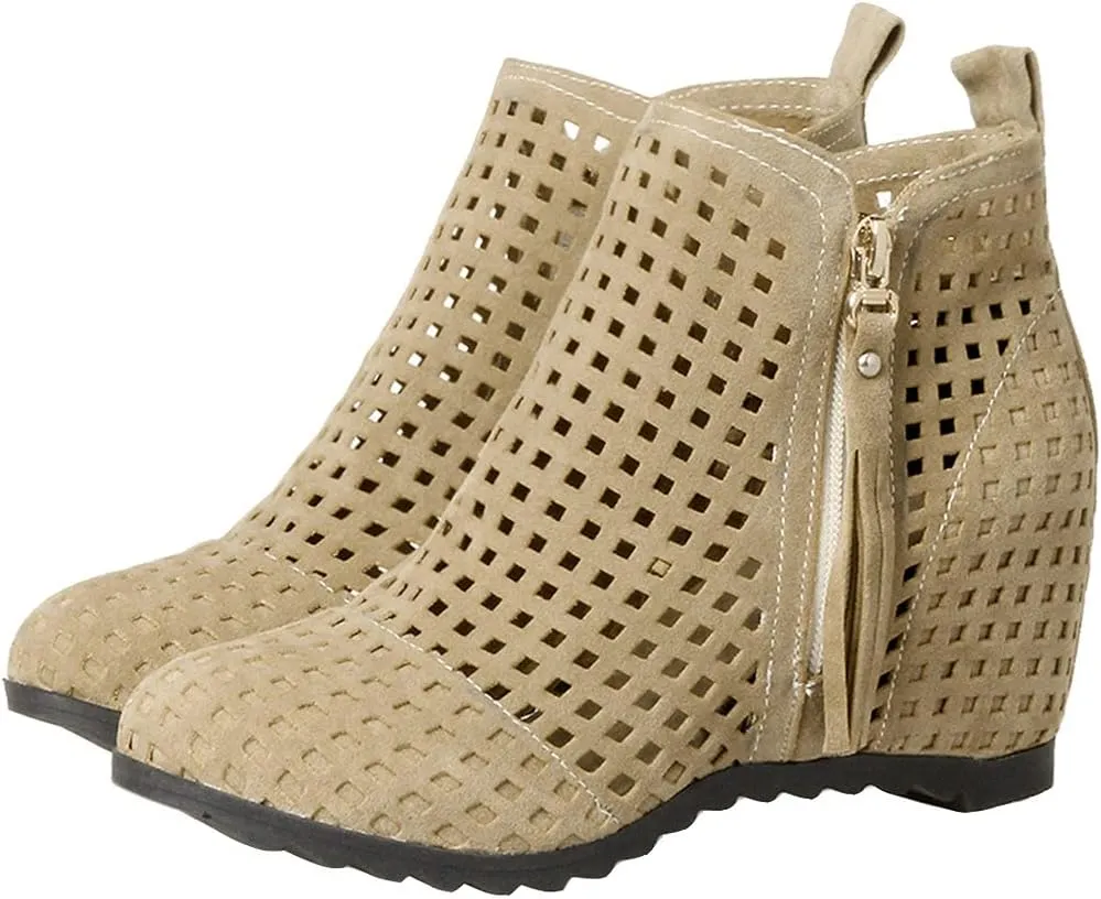Meefit Women Perforated Boots High Heels Cutout Ankle Boots Summer Wedge Booties