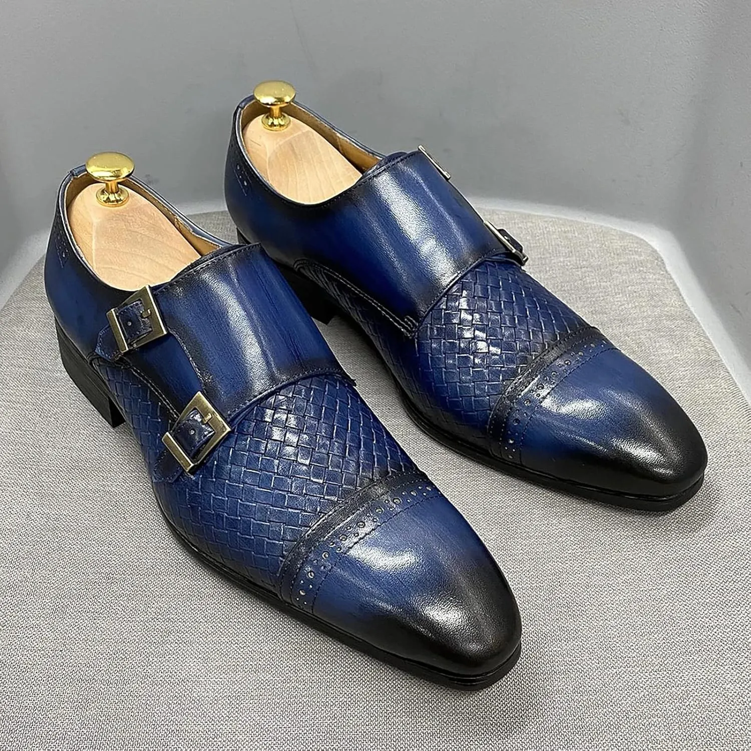 Men Loafers Dress Shoes Leather Brogues Slip On Moccasins Double Buckle Monk Shoe Wedding Office Formal Shoes,Blue-41