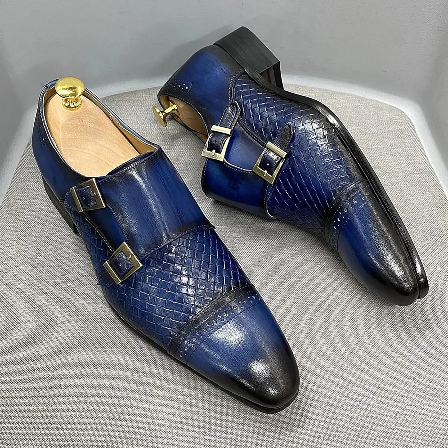 Men Loafers Dress Shoes Leather Brogues Slip On Moccasins Double Buckle Monk Shoe Wedding Office Formal Shoes,Blue-41