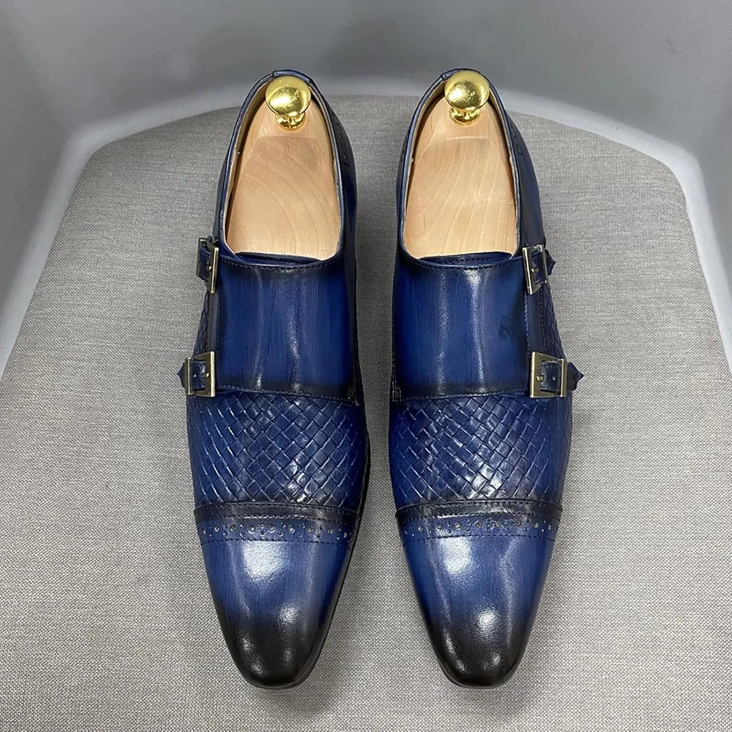 Men Loafers Dress Shoes Leather Brogues Slip On Moccasins Double Buckle Monk Shoe Wedding Office Formal Shoes,Blue-41