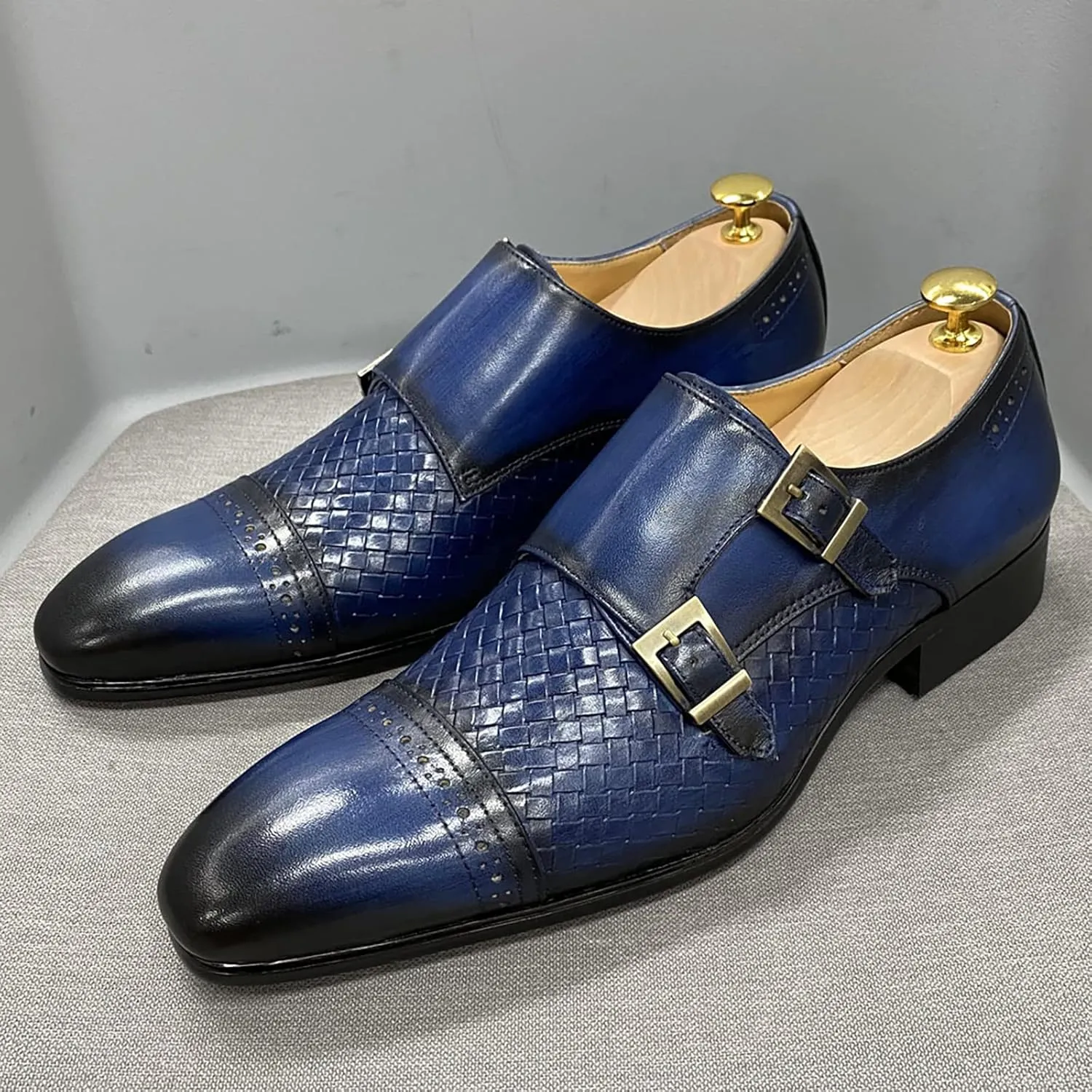 Men Loafers Dress Shoes Leather Brogues Slip On Moccasins Double Buckle Monk Shoe Wedding Office Formal Shoes,Blue-41