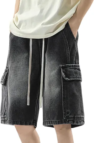 Men Loose Fit Denim Shorts Baggy Casual Summer Wide Leg Mid Jean Jorts Hip Hop Shorts Streetwear with Pockets