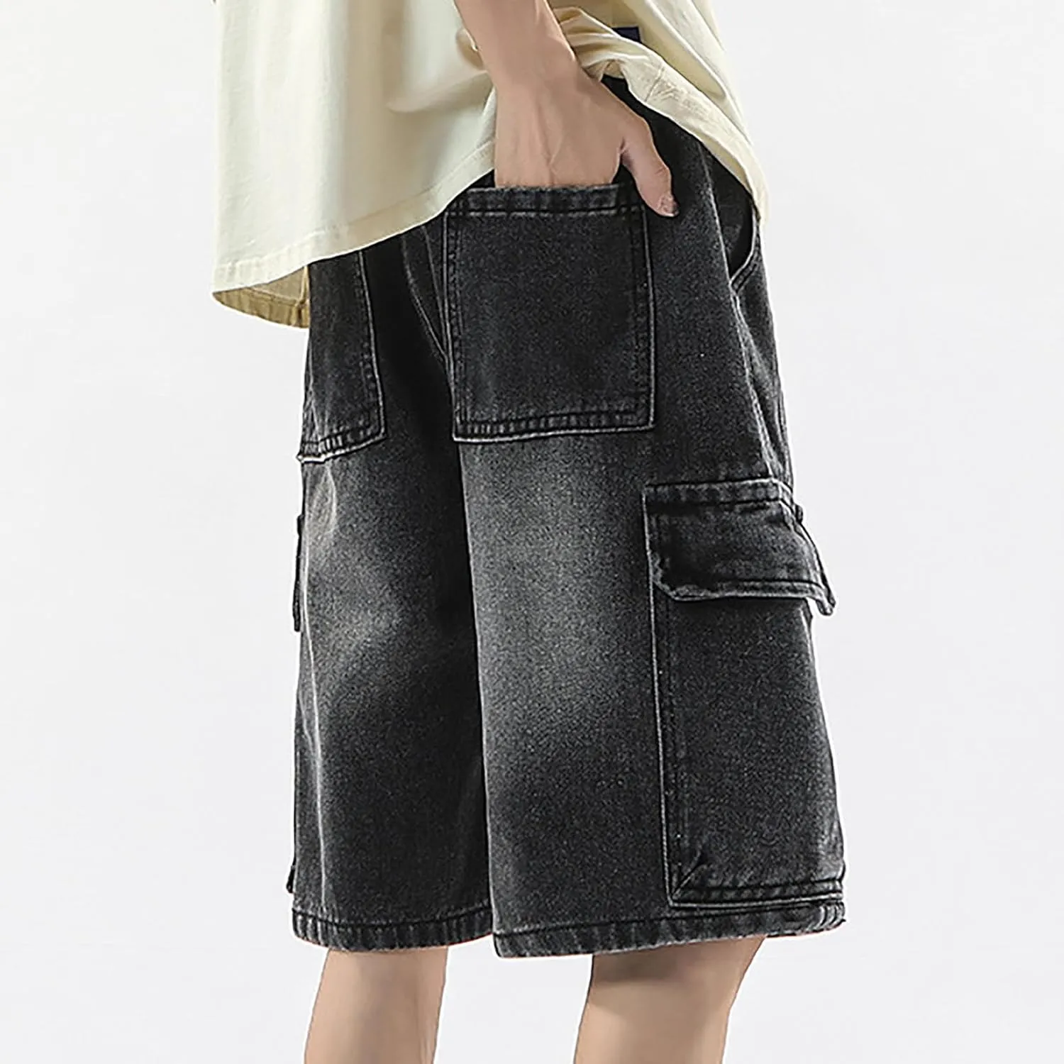 Men Loose Fit Denim Shorts Baggy Casual Summer Wide Leg Mid Jean Jorts Hip Hop Shorts Streetwear with Pockets