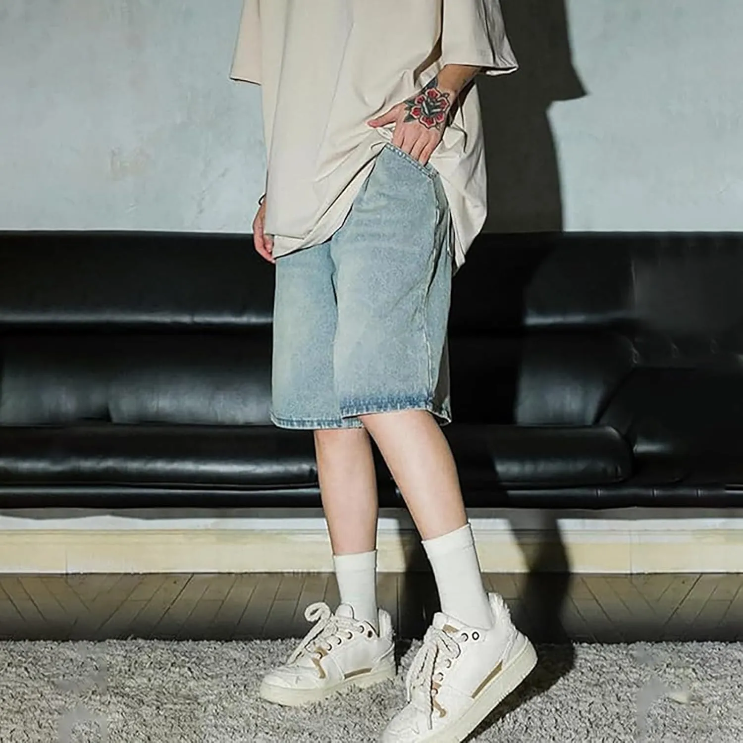 Men Loose Fit Denim Shorts Baggy Casual Summer Wide Leg Mid Jean Jorts Hip Hop Shorts Streetwear with Pockets