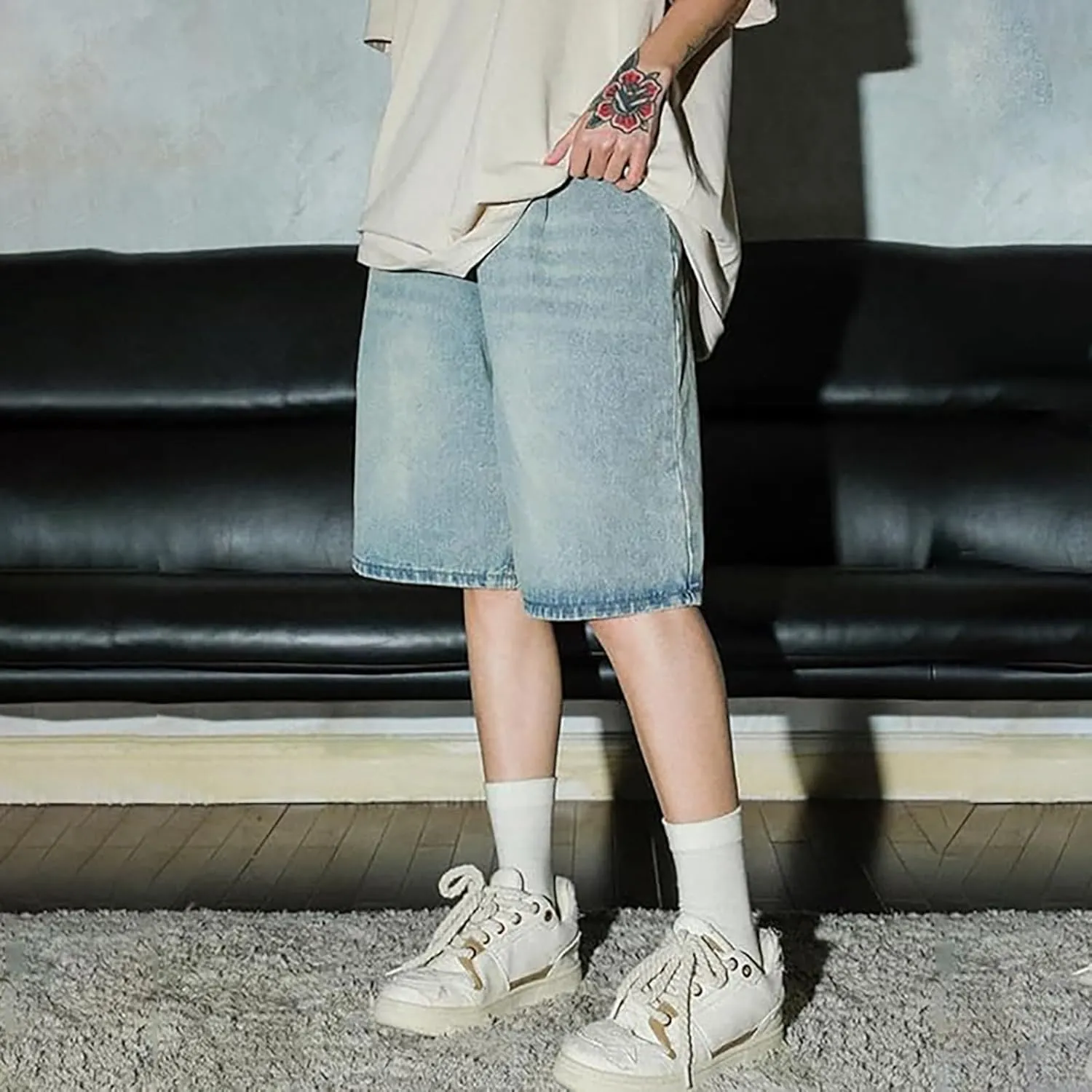 Men Loose Fit Denim Shorts Baggy Casual Summer Wide Leg Mid Jean Jorts Hip Hop Shorts Streetwear with Pockets