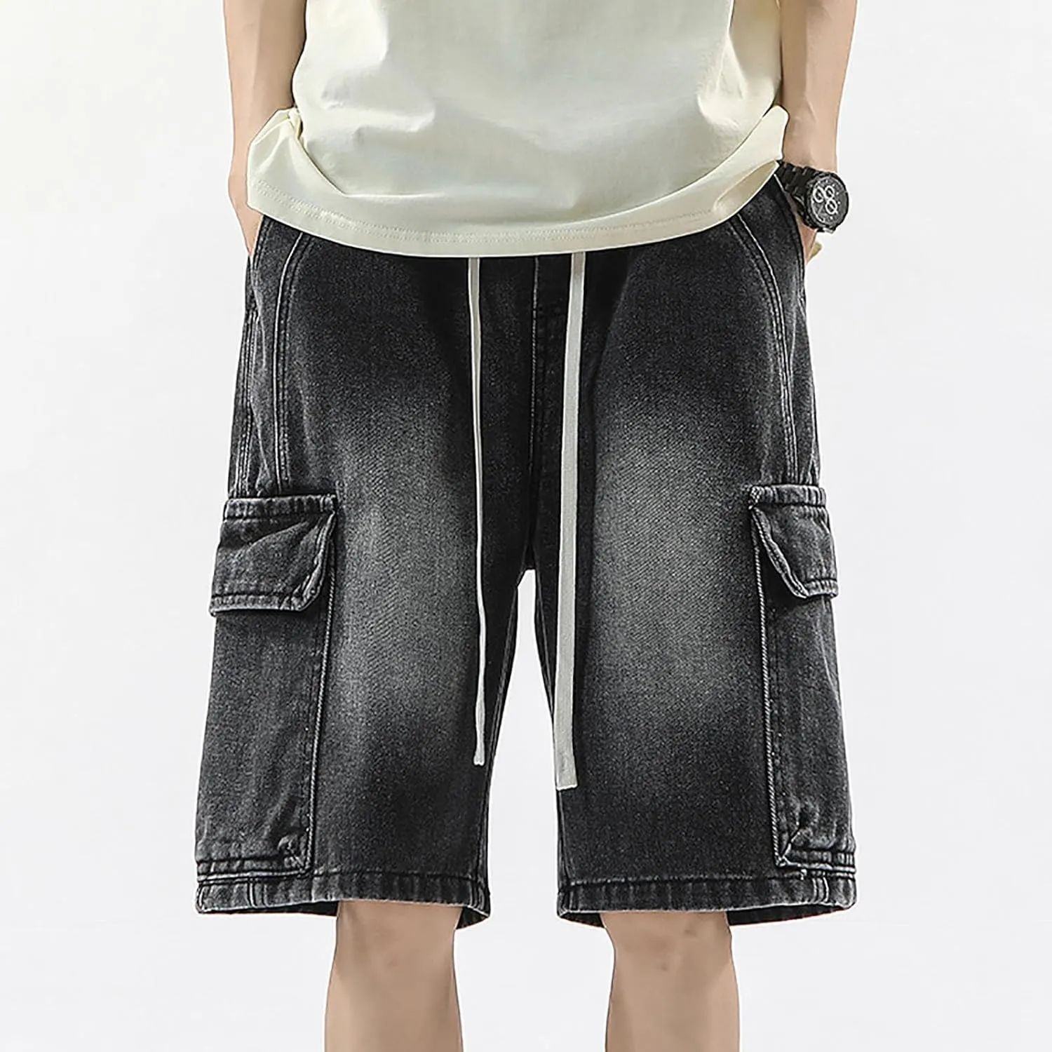 Men Loose Fit Denim Shorts Baggy Casual Summer Wide Leg Mid Jean Jorts Hip Hop Shorts Streetwear with Pockets