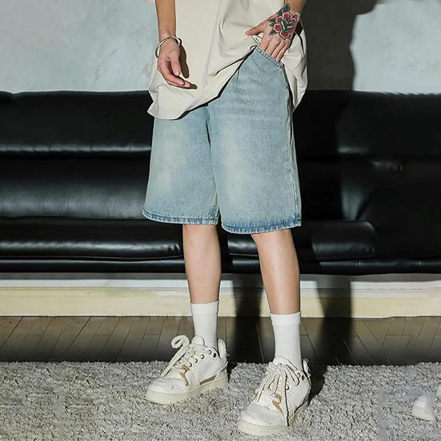 Men Loose Fit Denim Shorts Baggy Casual Summer Wide Leg Mid Jean Jorts Hip Hop Shorts Streetwear with Pockets
