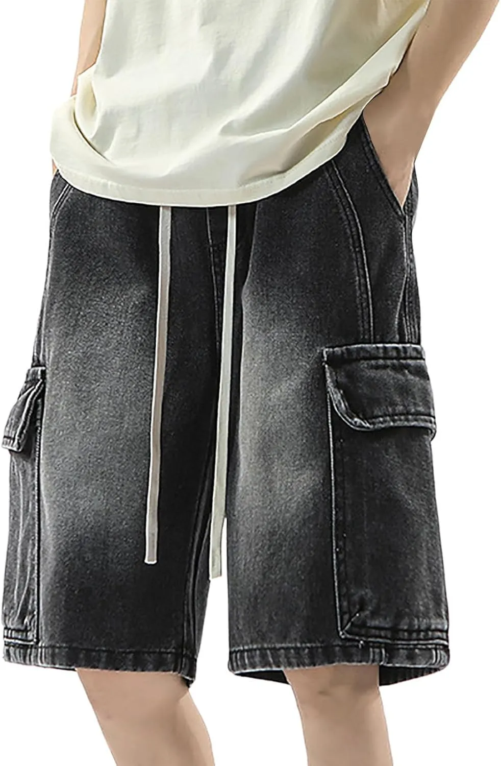 Men Loose Fit Denim Shorts Baggy Casual Summer Wide Leg Mid Jean Jorts Hip Hop Shorts Streetwear with Pockets
