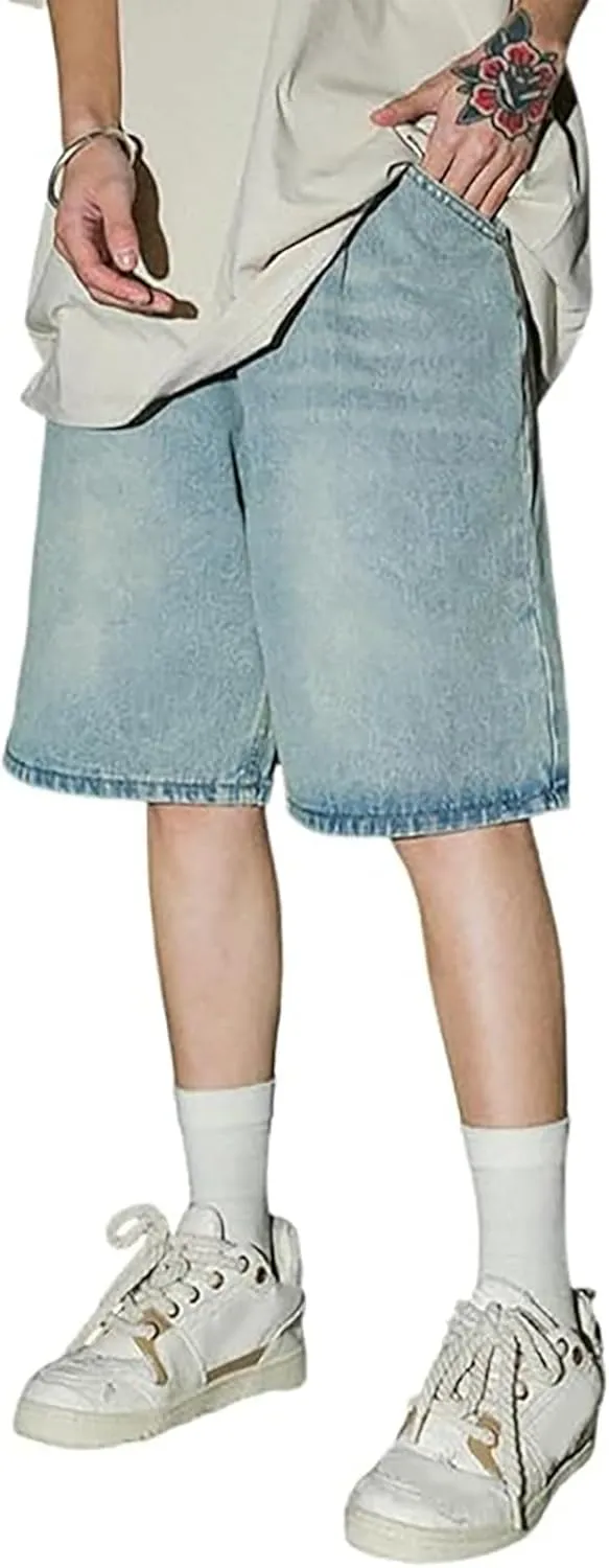 Men Loose Fit Denim Shorts Baggy Casual Summer Wide Leg Mid Jean Jorts Hip Hop Shorts Streetwear with Pockets